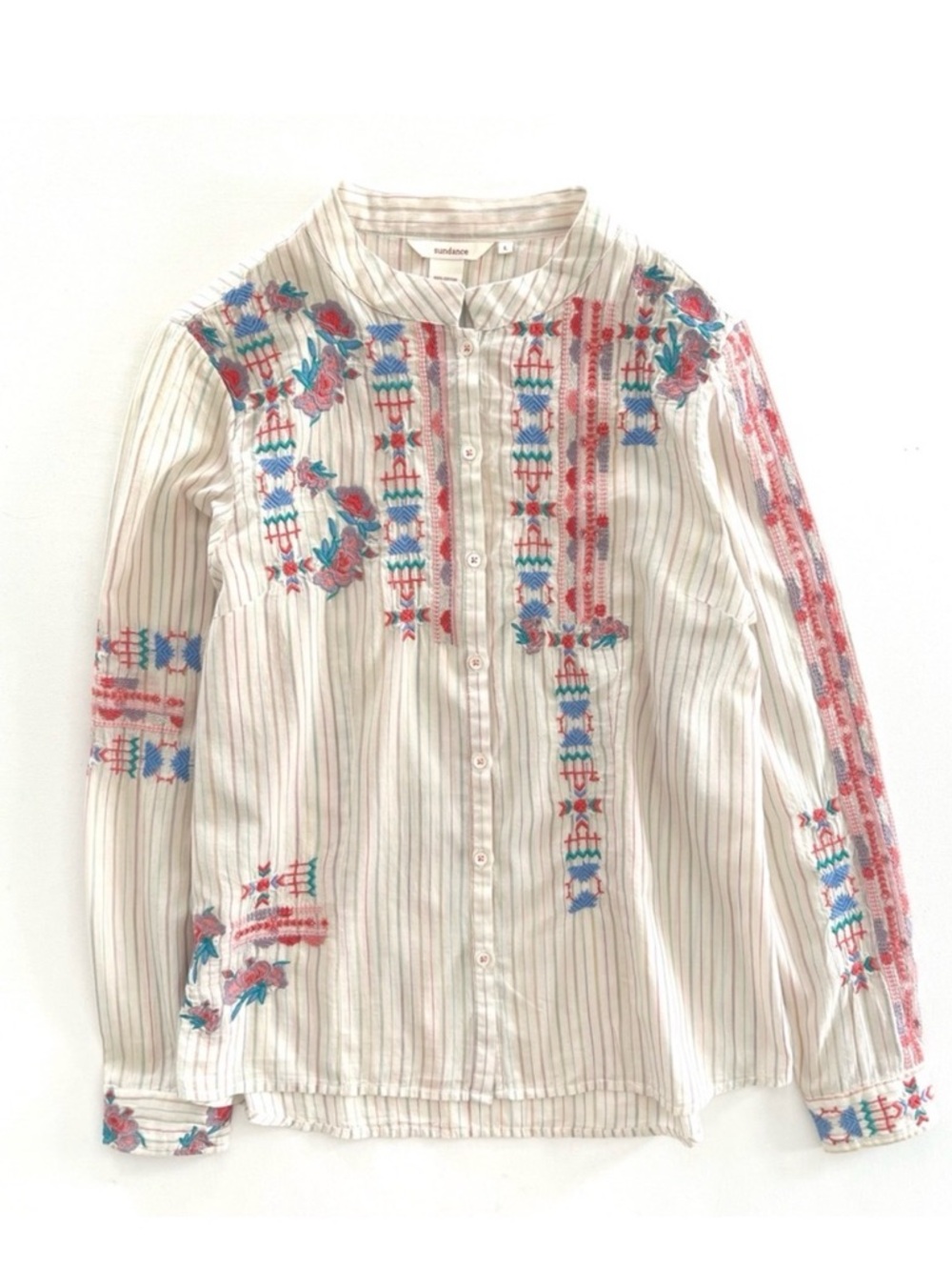 Sundance Floral Embroidered Mandarin Collar Button Front Shirt Large